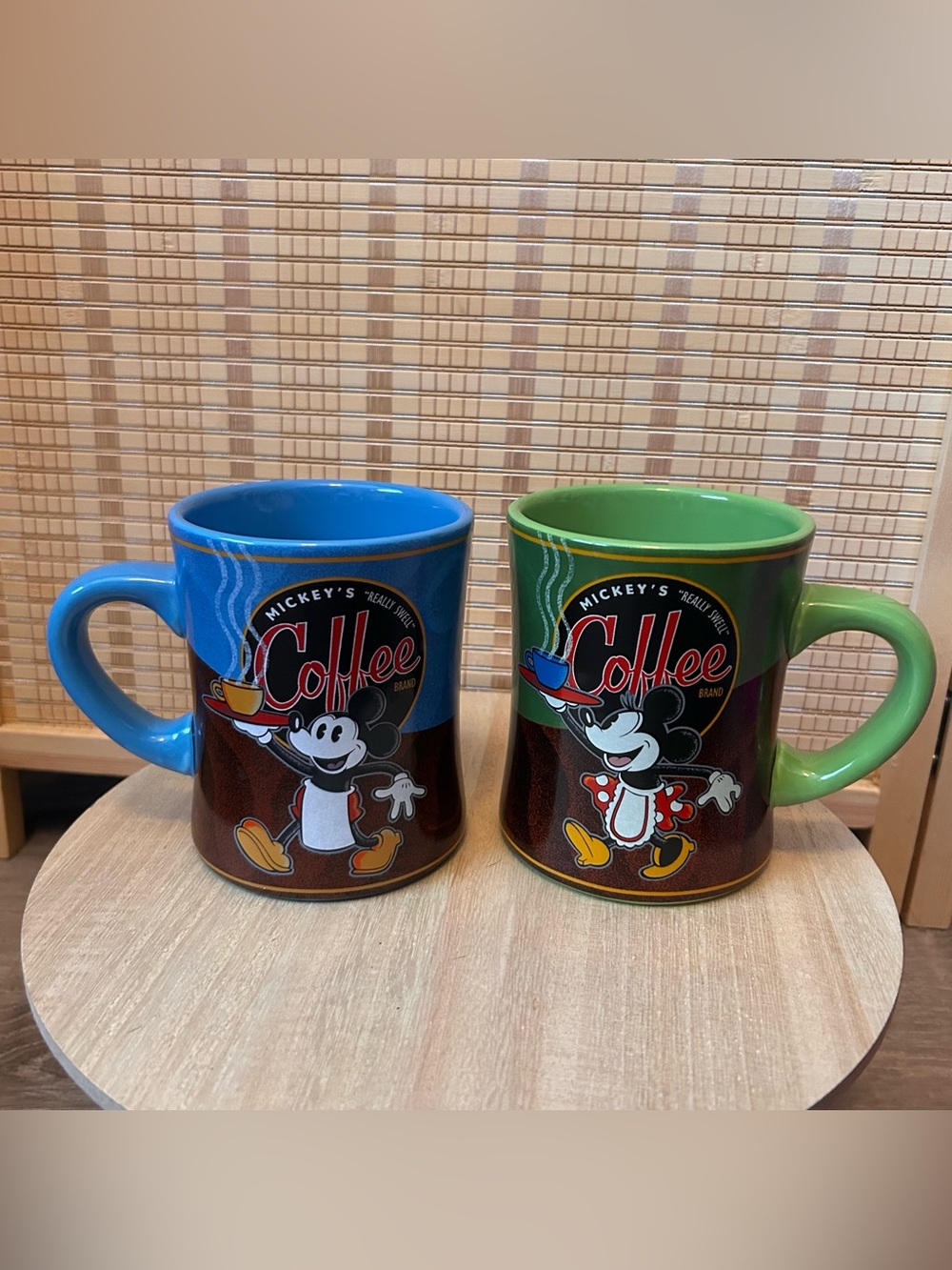 Disney Parks Mickey Minnie Coffee Mug Set 12oz Really Swell Coffee Blue Green
